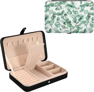Oyihfvs Seamless Branches with Green Eucalyptus Leaves on White Leather Jewelry Bag, Jewelry Storage, Portable Jewelry Organizer Boxes for Women Lady Necklace, Earrings, Rings, Bracelet