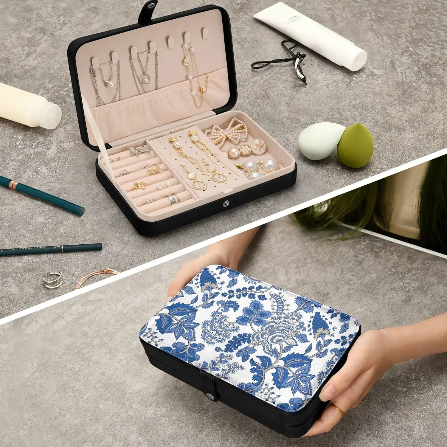 Oyihfvs Seamless Floral Paisley Ornament Curly Flowers on White Leather Jewelry Bag, Jewelry Storage, Portable Jewelry Organizer Boxes for Women Lady Necklace, Earrings, Rings, Bracelet