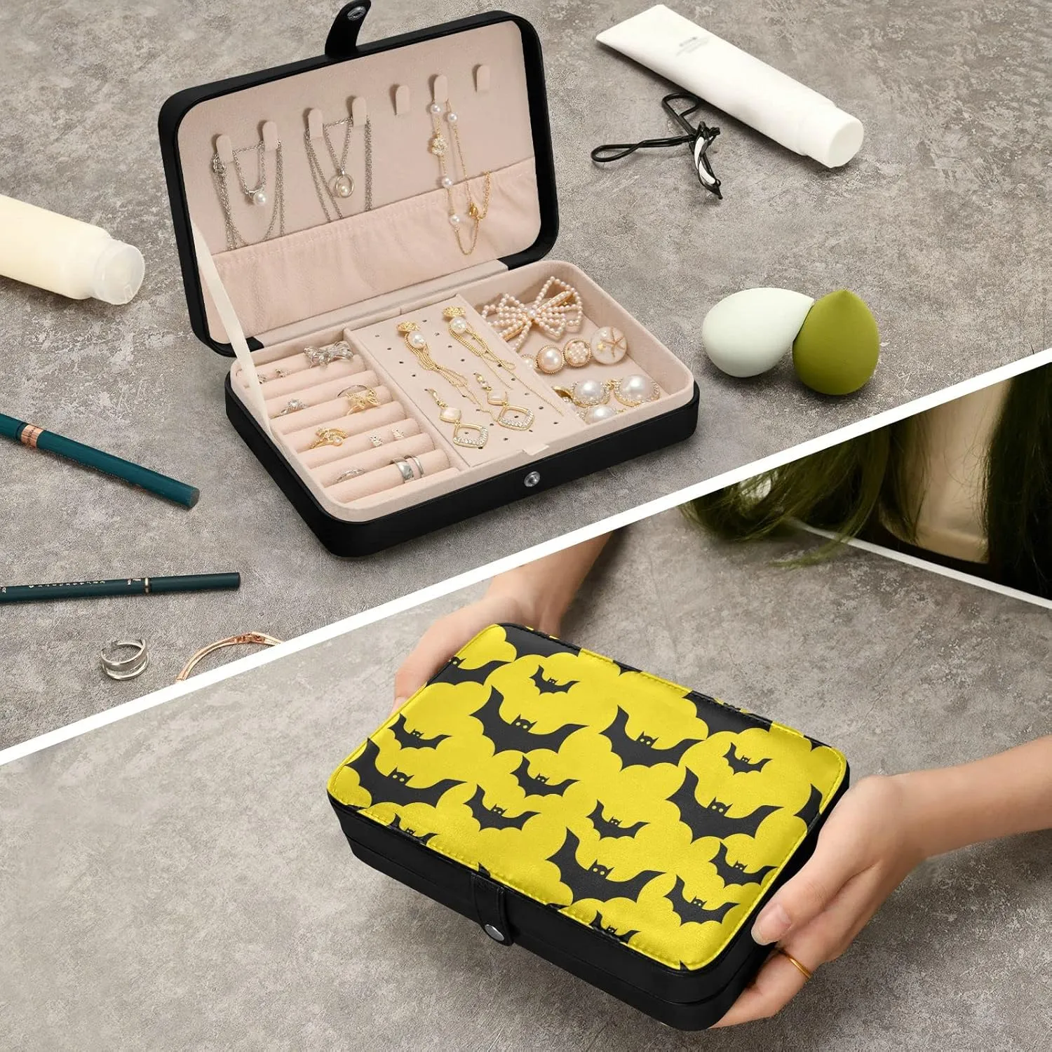 Oyihfvs Seamless Halloween Day Black Flying Bats on Yellow Leather Jewelry Bag, Jewelry Storage, Portable Jewelry Organizer Boxes for Women Lady Necklace, Earrings, Rings, Bracelet