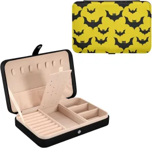 Oyihfvs Seamless Halloween Day Black Flying Bats on Yellow Leather Jewelry Bag, Jewelry Storage, Portable Jewelry Organizer Boxes for Women Lady Necklace, Earrings, Rings, Bracelet