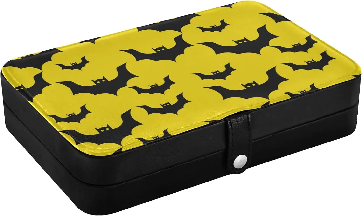 Oyihfvs Seamless Halloween Day Black Flying Bats on Yellow Leather Jewelry Bag, Jewelry Storage, Portable Jewelry Organizer Boxes for Women Lady Necklace, Earrings, Rings, Bracelet