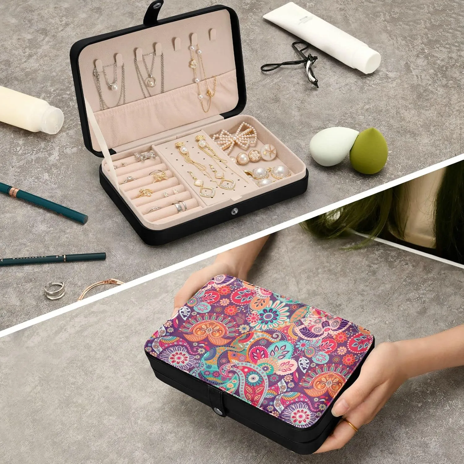 Oyihfvs Seamless Red, Blue, Orange Style Paisley Flowers Asian Elements Leather Jewelry Bag, Jewelry Storage, Portable Jewelry Organizer Boxes for Women Lady Necklace, Earrings, Rings, Bracelet
