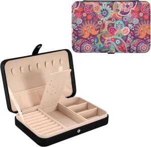 Oyihfvs Seamless Red, Blue, Orange Style Paisley Flowers Asian Elements Leather Jewelry Bag, Jewelry Storage, Portable Jewelry Organizer Boxes for Women Lady Necklace, Earrings, Rings, Bracelet