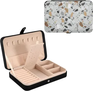 Oyihfvs Seamless Terrazzo Stone Fragments Rock Surface on Grey Background Leather Jewelry Bag, Jewelry Storage, Portable Jewelry Organizer Boxes for Women Lady Necklace, Earrings, Rings, Bracelet