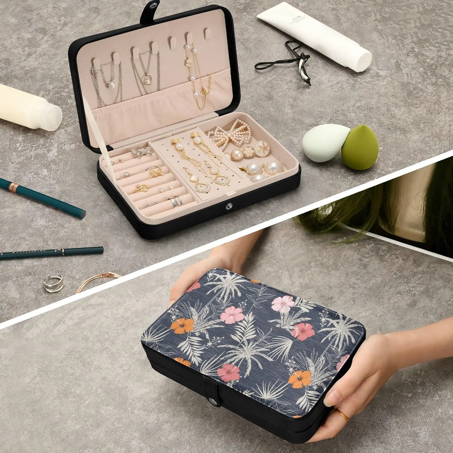 Oyihfvs Trendy Hawaii Tropical Exotic Hibiscus Flowers with Palm Leaves Leather Jewelry Bag, Jewelry Storage, Portable Jewelry Organizer Boxes for Women Lady Necklace, Earrings, Rings, Bracelet