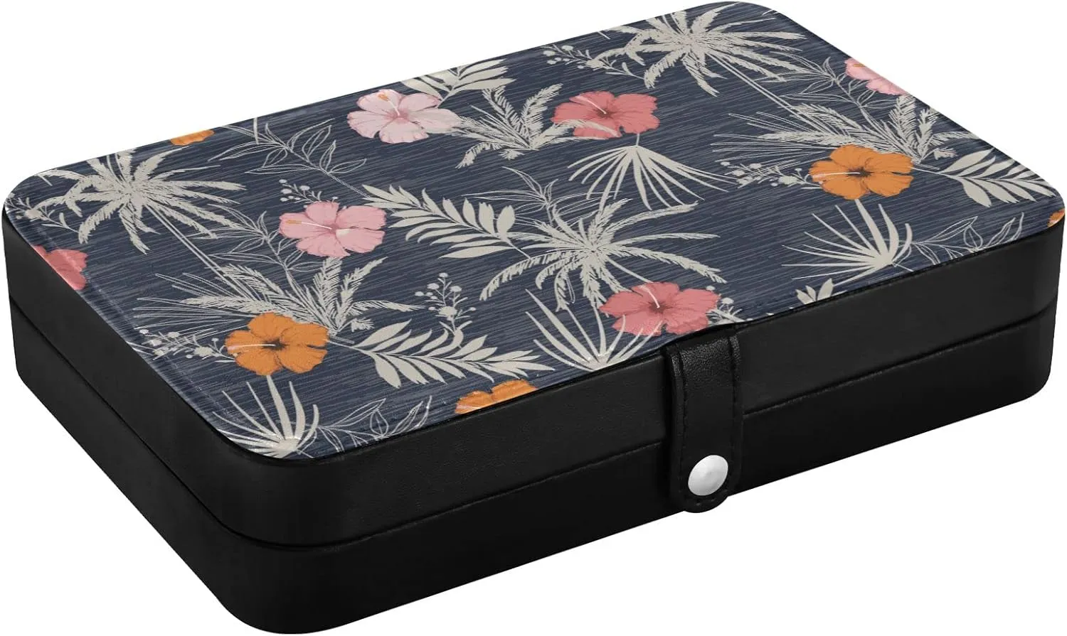 Oyihfvs Trendy Hawaii Tropical Exotic Hibiscus Flowers with Palm Leaves Leather Jewelry Bag, Jewelry Storage, Portable Jewelry Organizer Boxes for Women Lady Necklace, Earrings, Rings, Bracelet