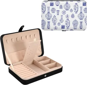 Oyihfvs Vintage Blue Ink Chinese Vases in Chinese Style on White Leather Jewelry Bag, Jewelry Storage, Portable Jewelry Organizer Boxes for Women Lady Necklace, Earrings, Rings, Bracelet