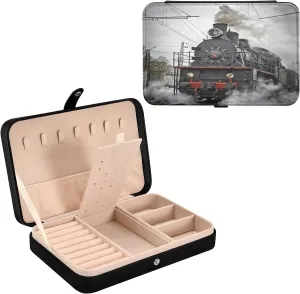 Oyihfvs Vintage Soviet Steam Locomotive with Smoke on Rail Leather Jewelry Bag, Jewelry Storage, Portable Jewelry Organizer Boxes for Women Lady Necklace, Earrings, Rings, Bracelet