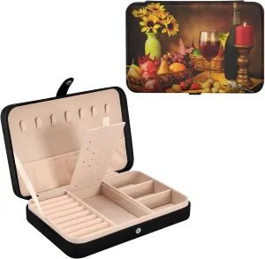 Oyihfvs Vintage Still Life of Sunflowers Red Wine Fruits Nuts Leather Jewelry Bag, Jewelry Storage, Portable Jewelry Organizer Boxes for Women Lady Necklace, Earrings, Rings, Bracelet