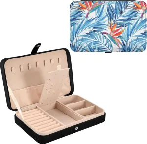 Oyihfvs Watercolor Blue Tropical Leaves Summer Red Exotic Flowers on White Leather Jewelry Bag, Jewelry Storage, Portable Jewelry Organizer Boxes for Women Lady Necklace, Earrings, Rings, Bracelet