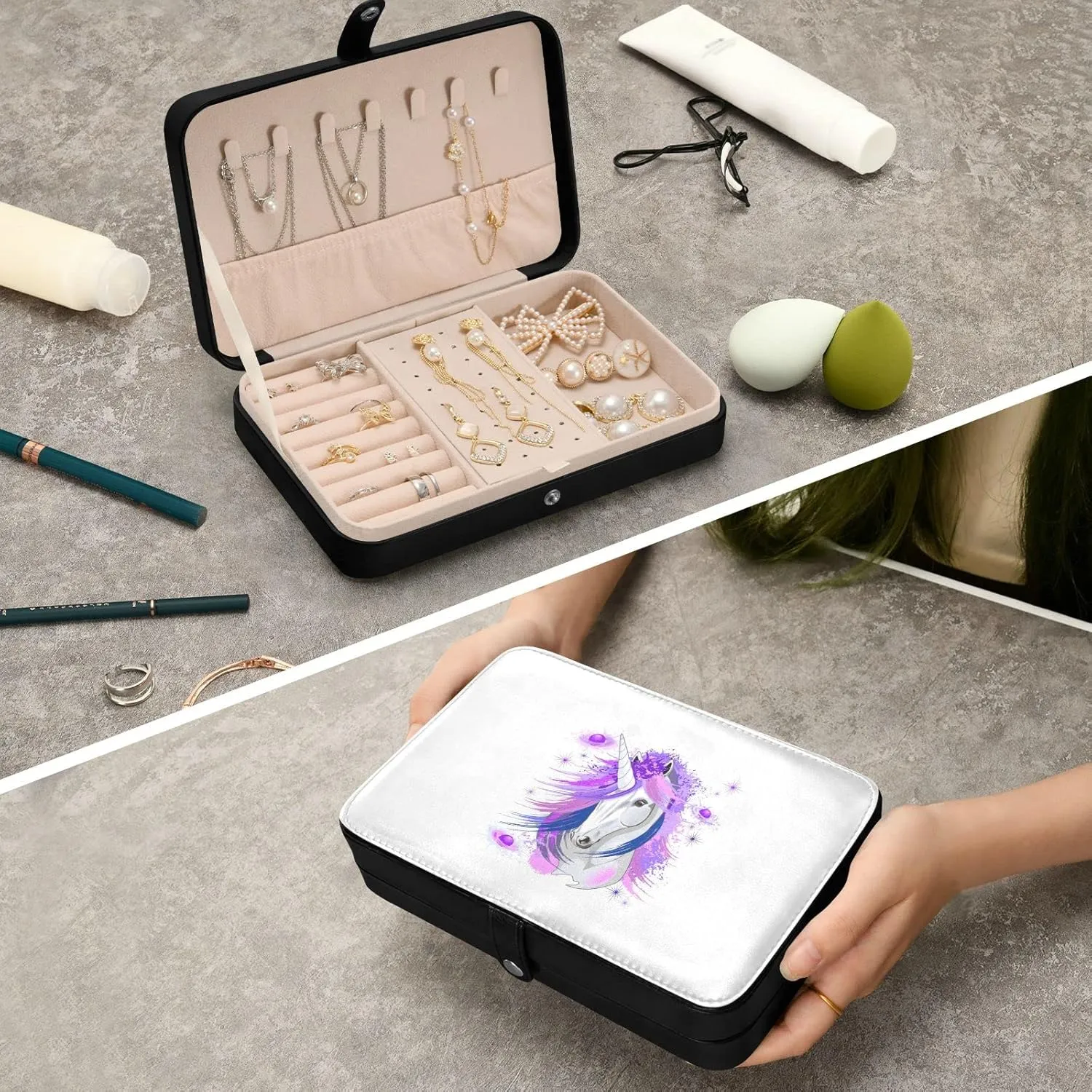 Oyihfvs White Unicorn Pink and Purple Style on White Leather Jewelry Bag, Jewelry Storage, Portable Jewelry Organizer Boxes for Women Lady Necklace, Earrings, Rings, Bracelet