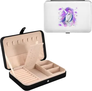 Oyihfvs White Unicorn Pink and Purple Style on White Leather Jewelry Bag, Jewelry Storage, Portable Jewelry Organizer Boxes for Women Lady Necklace, Earrings, Rings, Bracelet