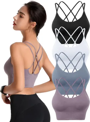 Padded Sports Bras for Women Strappy Cross Back Yoga Bras Pack for Workout Fitness Running Gym Low Impact Top