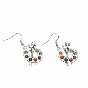 Paint Brush and Colorful Paint Palette Dangle Charm Earrings