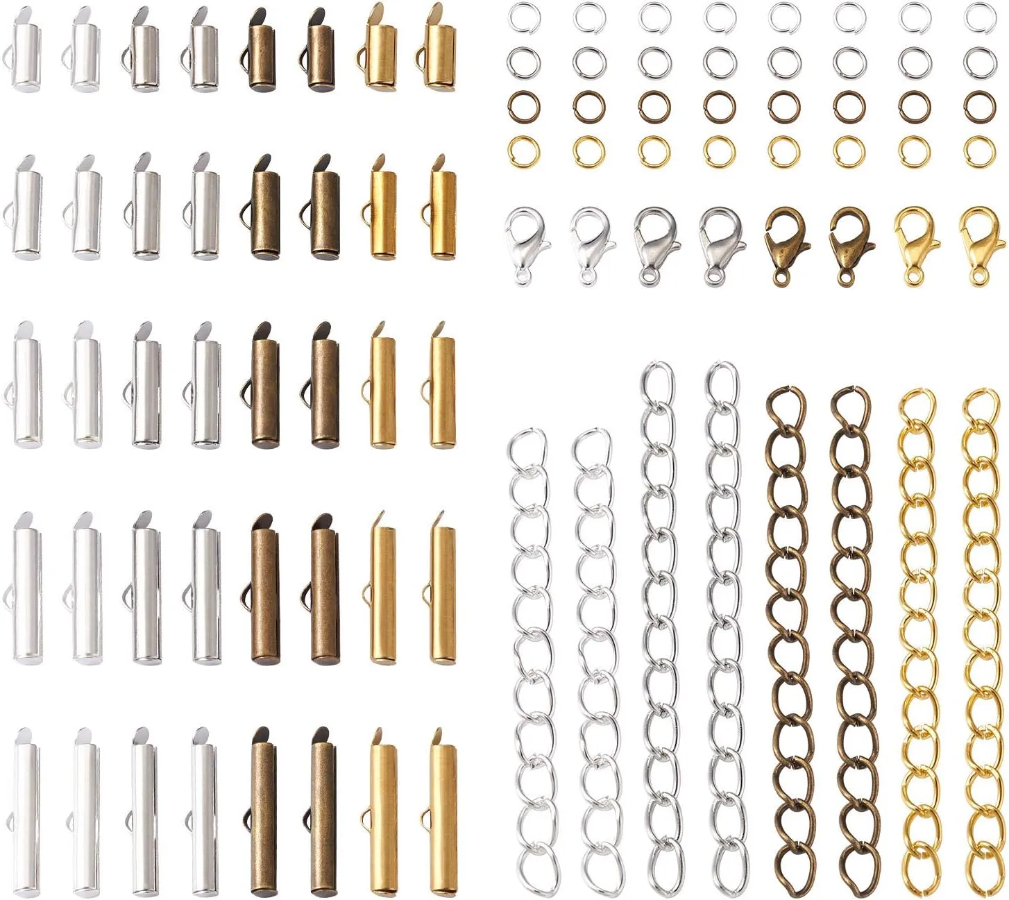 Pandahall 640Pcs 4 Color Brass Slide On End Clasp Tubes & Iron Twist Extender Chains & Open Jump Rings & Alloy Lobster Claw Clasps Connectors for DIY Bracelet Necklace Jewelry Making