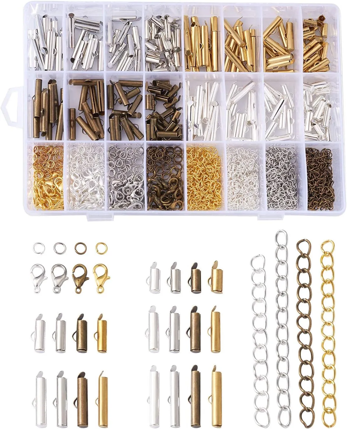 Pandahall 640Pcs 4 Color Brass Slide On End Clasp Tubes & Iron Twist Extender Chains & Open Jump Rings & Alloy Lobster Claw Clasps Connectors for DIY Bracelet Necklace Jewelry Making