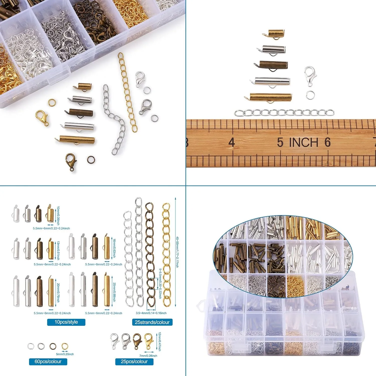 Pandahall 640Pcs 4 Color Brass Slide On End Clasp Tubes & Iron Twist Extender Chains & Open Jump Rings & Alloy Lobster Claw Clasps Connectors for DIY Bracelet Necklace Jewelry Making