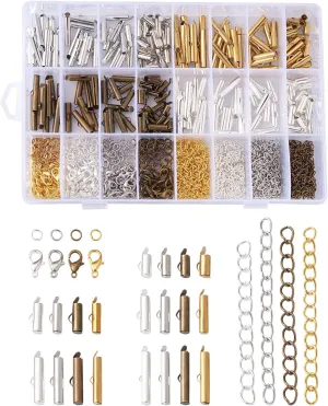 Pandahall 640Pcs 4 Color Brass Slide On End Clasp Tubes & Iron Twist Extender Chains & Open Jump Rings & Alloy Lobster Claw Clasps Connectors for DIY Bracelet Necklace Jewelry Making