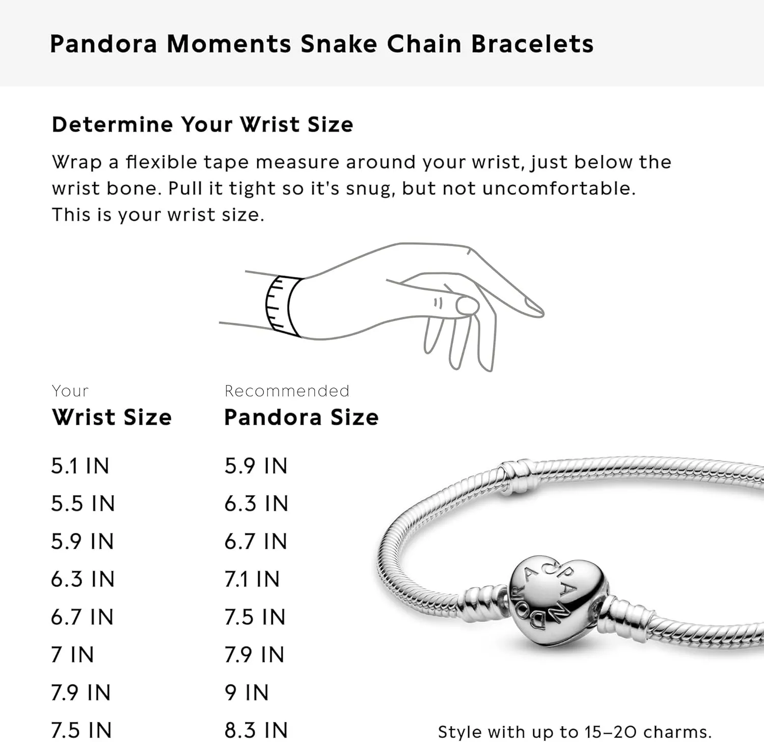 Pandora Moments Heart Clasp Snake Chain Bracelet - Compatible Moments Charms - Gift for Her - Sterling Silver - With Gift Box