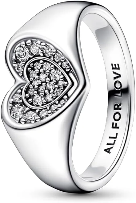 Pandora Radiant Heart Pavé Signet Ring - Silver Ring for Women - Sterling Silver with Clear Cubic Zirconia - Gift for Her - Jewelry for Women with Gift Box