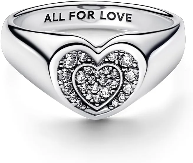 Pandora Radiant Heart Pavé Signet Ring - Silver Ring for Women - Sterling Silver with Clear Cubic Zirconia - Gift for Her - Jewelry for Women with Gift Box