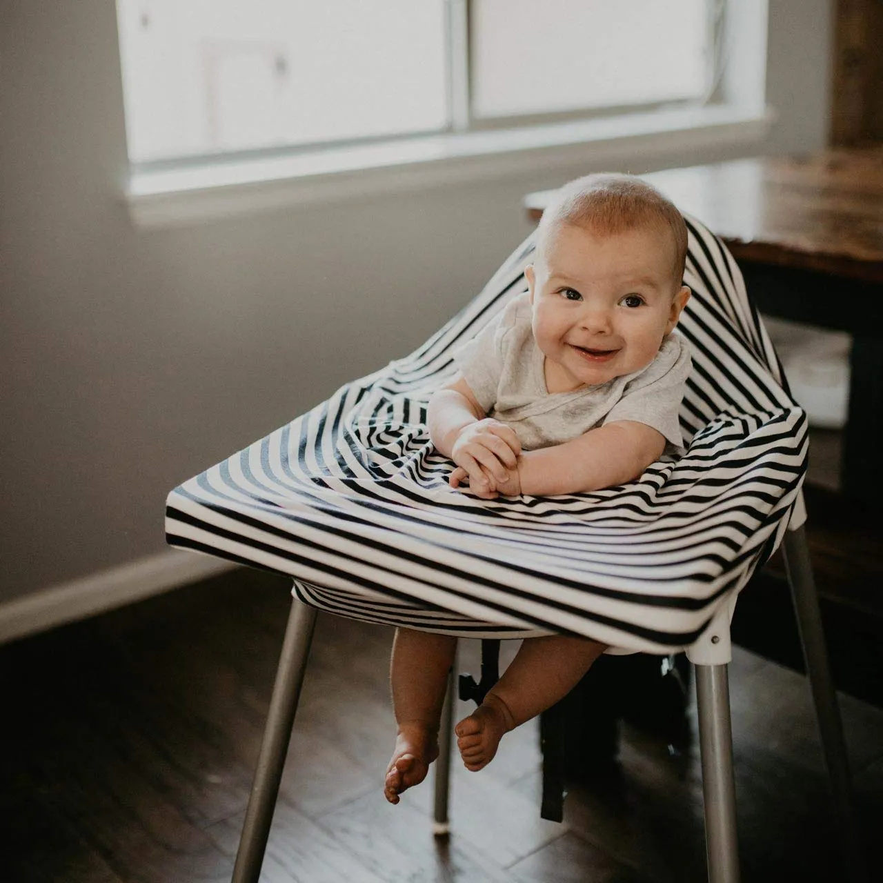 Parker Baby 4 in 1 Car Seat Cover for Girls and Boys - Stretchy Carseat Canopy, Nursing Cover, Grocery Cart Cover, High Chair Cover - Gray/White Stripes