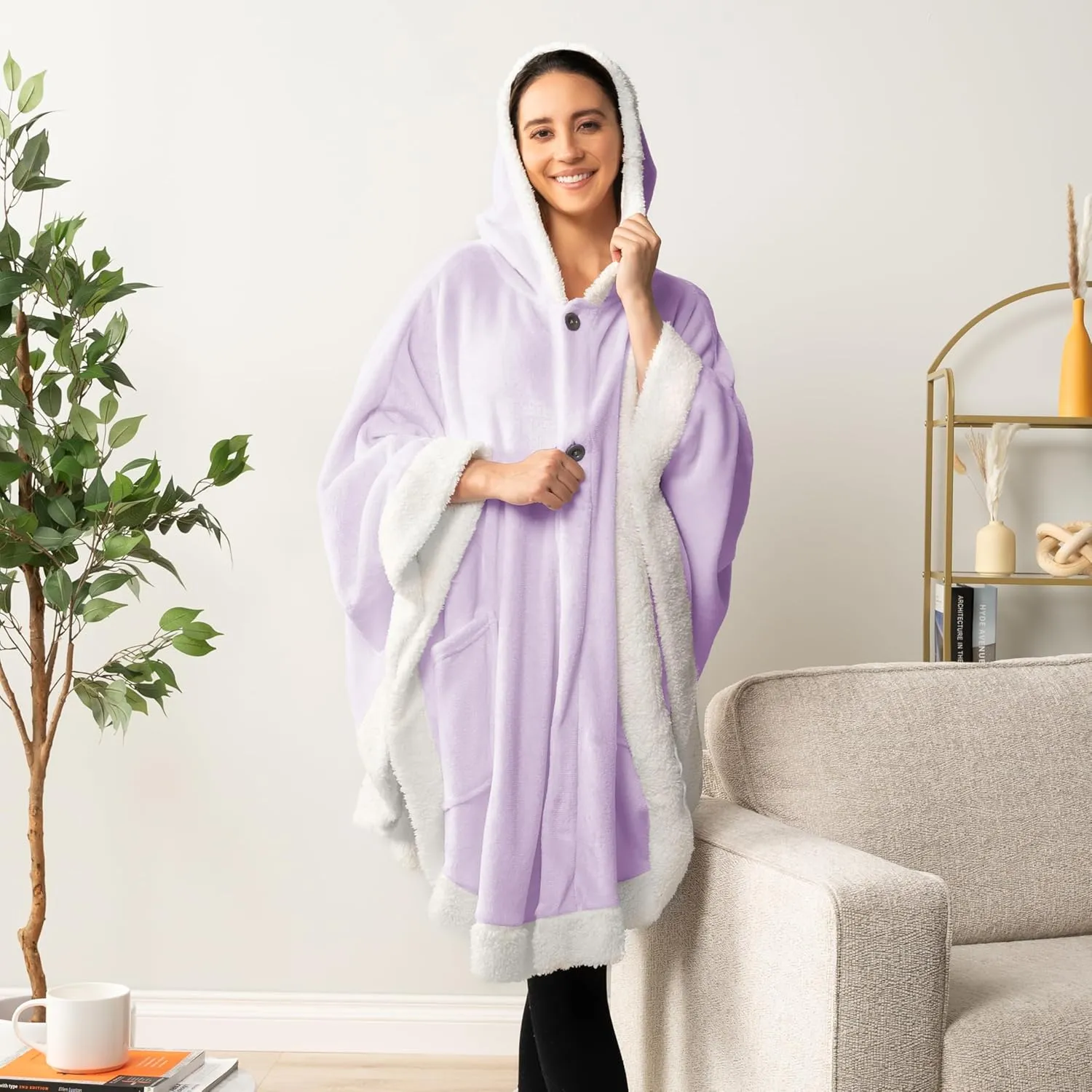 PAVILIA Sherpa Fleece Wearable Blanket for Adult Women, Cozy Plush Blanket Poncho Cape with Hood, Super Soft Shawl, Angel Wrap Throw for Office, Lavender Purple