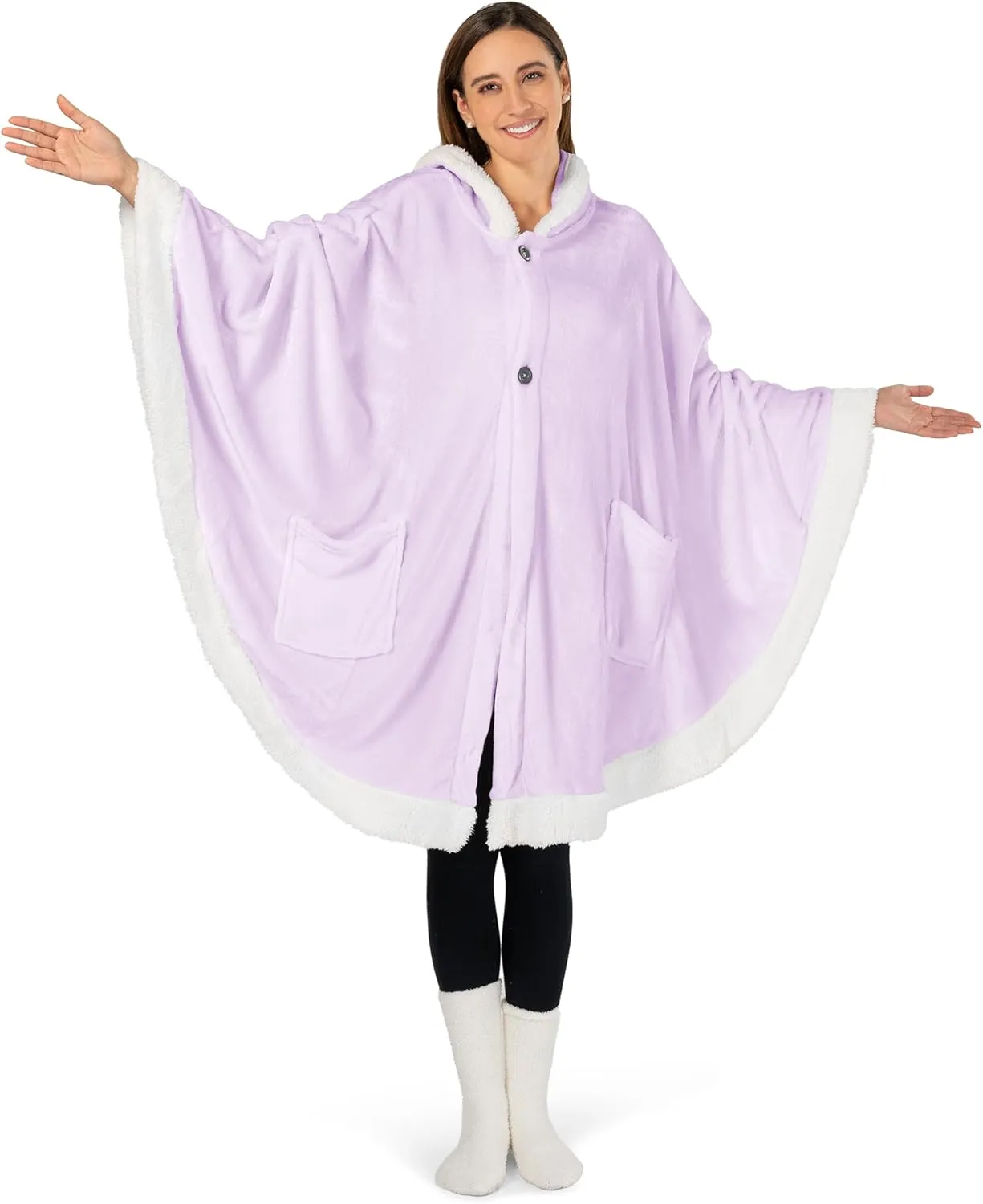 PAVILIA Sherpa Fleece Wearable Blanket for Adult Women, Cozy Plush Blanket Poncho Cape with Hood, Super Soft Shawl, Angel Wrap Throw for Office, Lavender Purple