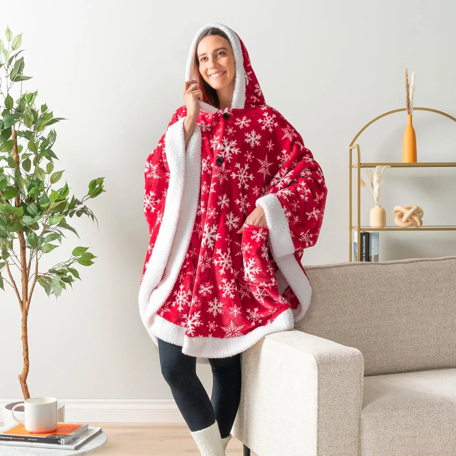 PAVILIA Sherpa Fleece Wearable Blanket for Adult Women, Cozy Plush Blanket Poncho Cape with Hood, Super Soft Shawl, Angel Wrap Throw for Office, Snowflake Red