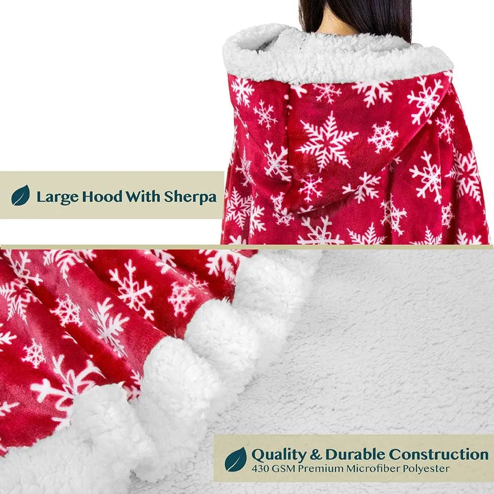 PAVILIA Sherpa Fleece Wearable Blanket for Adult Women, Cozy Plush Blanket Poncho Cape with Hood, Super Soft Shawl, Angel Wrap Throw for Office, Snowflake Red