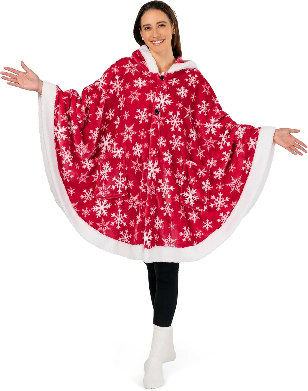 PAVILIA Sherpa Fleece Wearable Blanket for Adult Women, Cozy Plush Blanket Poncho Cape with Hood, Super Soft Shawl, Angel Wrap Throw for Office, Snowflake Red