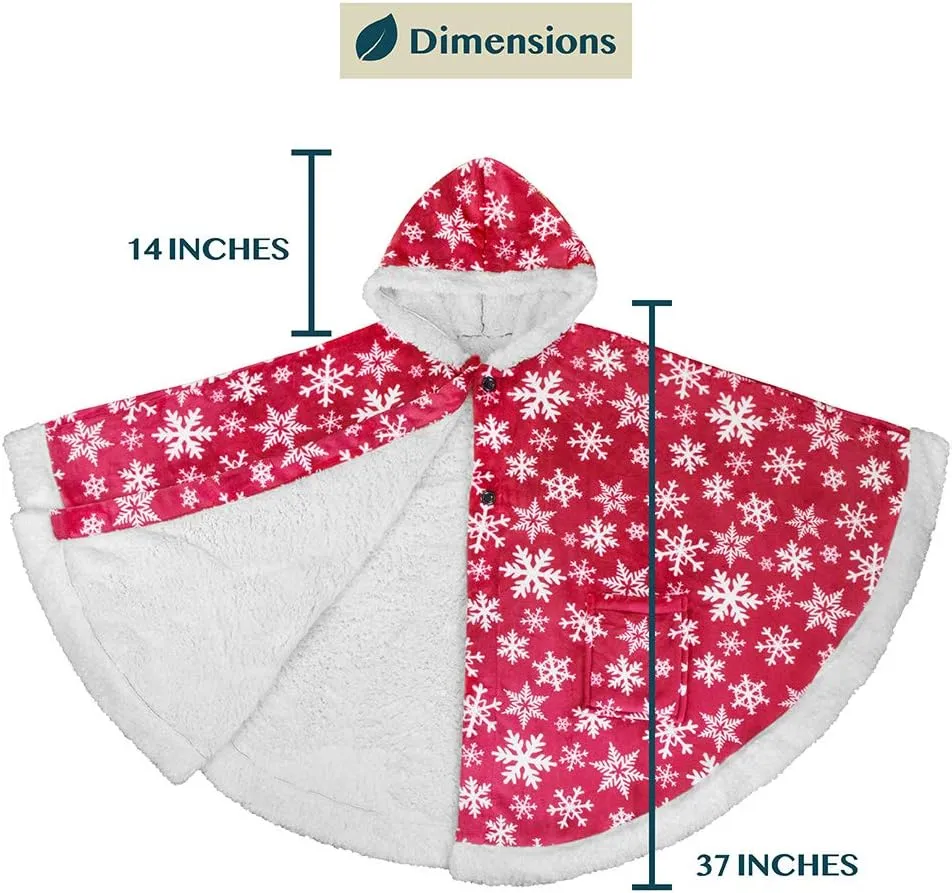 PAVILIA Sherpa Fleece Wearable Blanket for Adult Women, Cozy Plush Blanket Poncho Cape with Hood, Super Soft Shawl, Angel Wrap Throw for Office, Snowflake Red