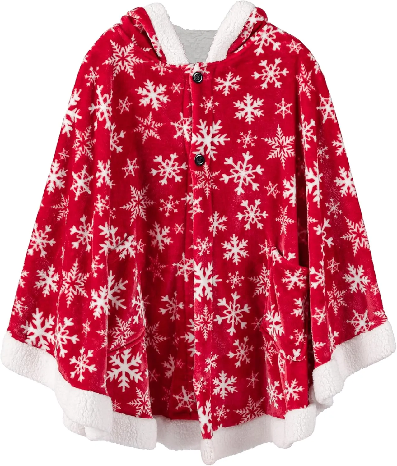 PAVILIA Sherpa Fleece Wearable Blanket for Adult Women, Cozy Plush Blanket Poncho Cape with Hood, Super Soft Shawl, Angel Wrap Throw for Office, Snowflake Red