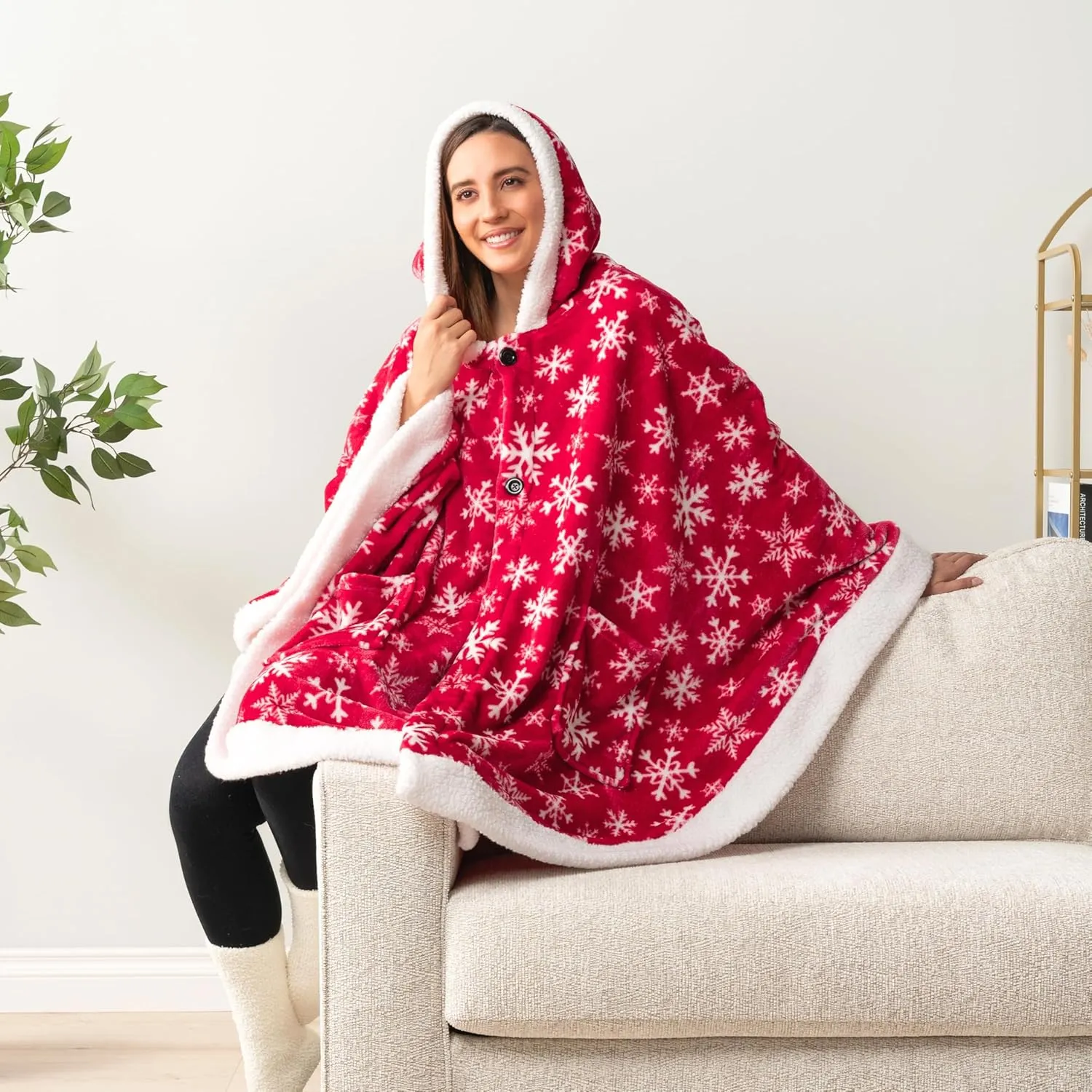 PAVILIA Sherpa Fleece Wearable Blanket for Adult Women, Cozy Plush Blanket Poncho Cape with Hood, Super Soft Shawl, Angel Wrap Throw for Office, Snowflake Red