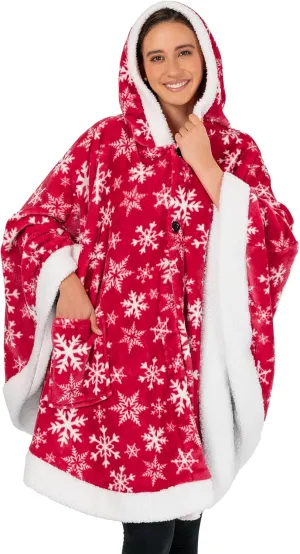 PAVILIA Sherpa Fleece Wearable Blanket for Adult Women, Cozy Plush Blanket Poncho Cape with Hood, Super Soft Shawl, Angel Wrap Throw for Office, Snowflake Red