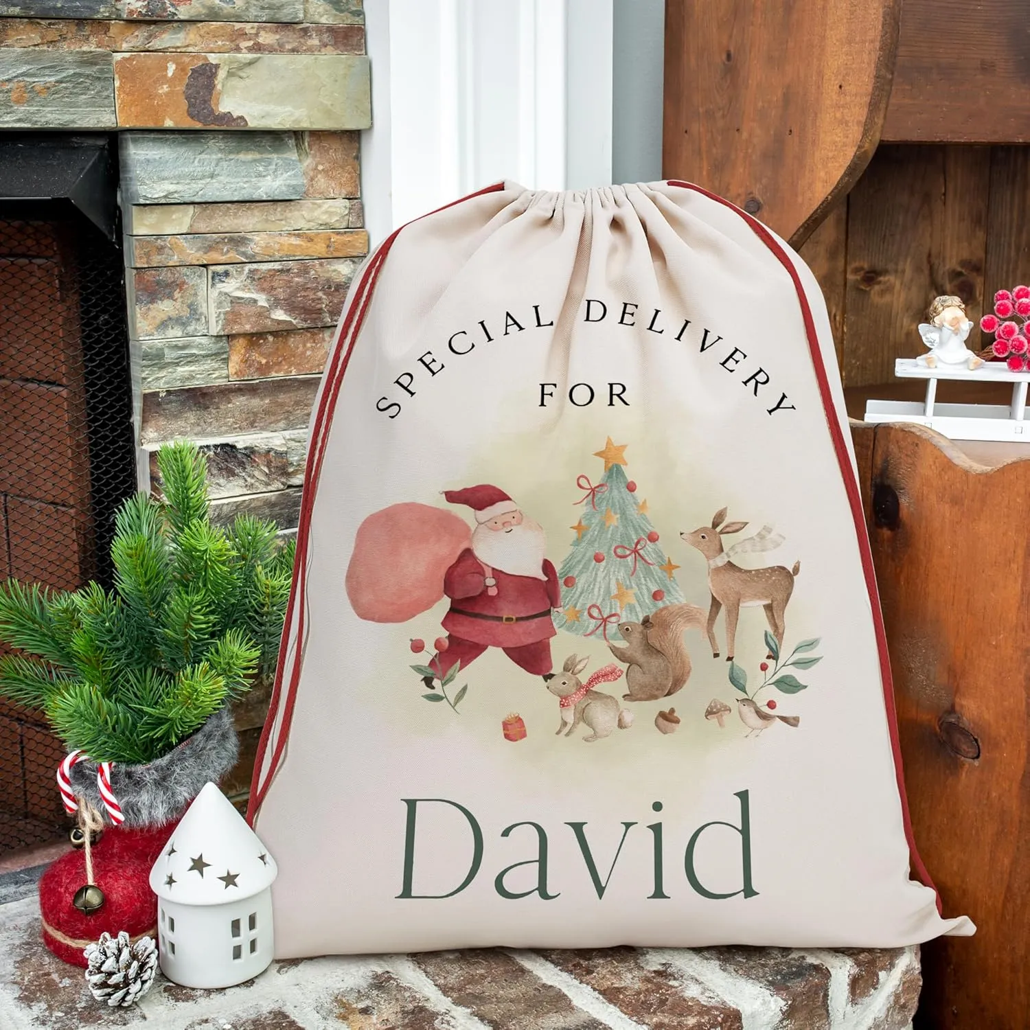 Personalized Christmas Santa Sacks with Kid Name, Custom Large Christmas Canvas Gift Bag with Matching Kid Ornament to add, Customize Family Christmas Bag for Holiday Presents, D2