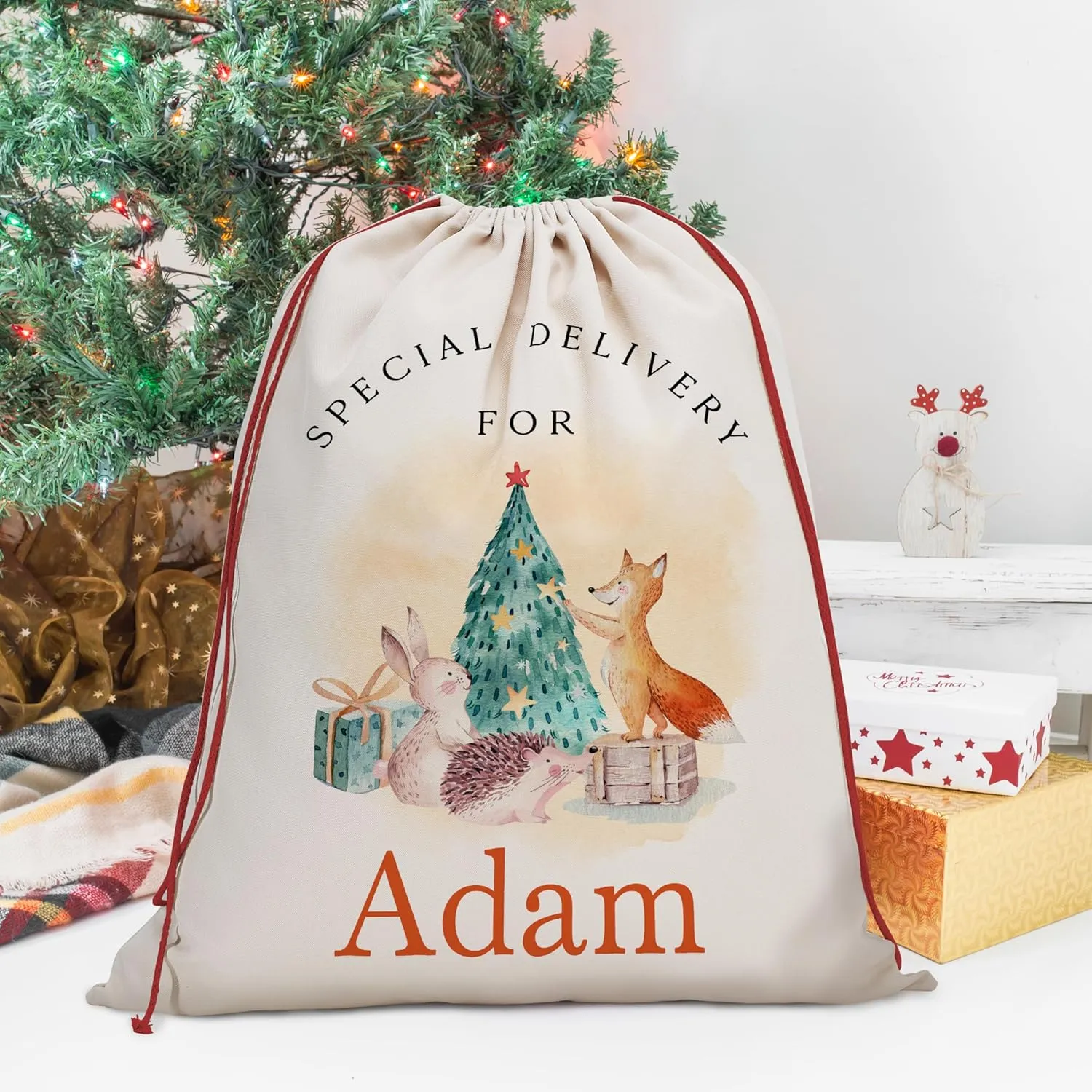 Personalized Christmas Santa Sacks with Kid Name, Custom Large Christmas Canvas Gift Bag with Matching Kid Ornament to add, Customize Family Christmas Bag for Holiday Presents, D2