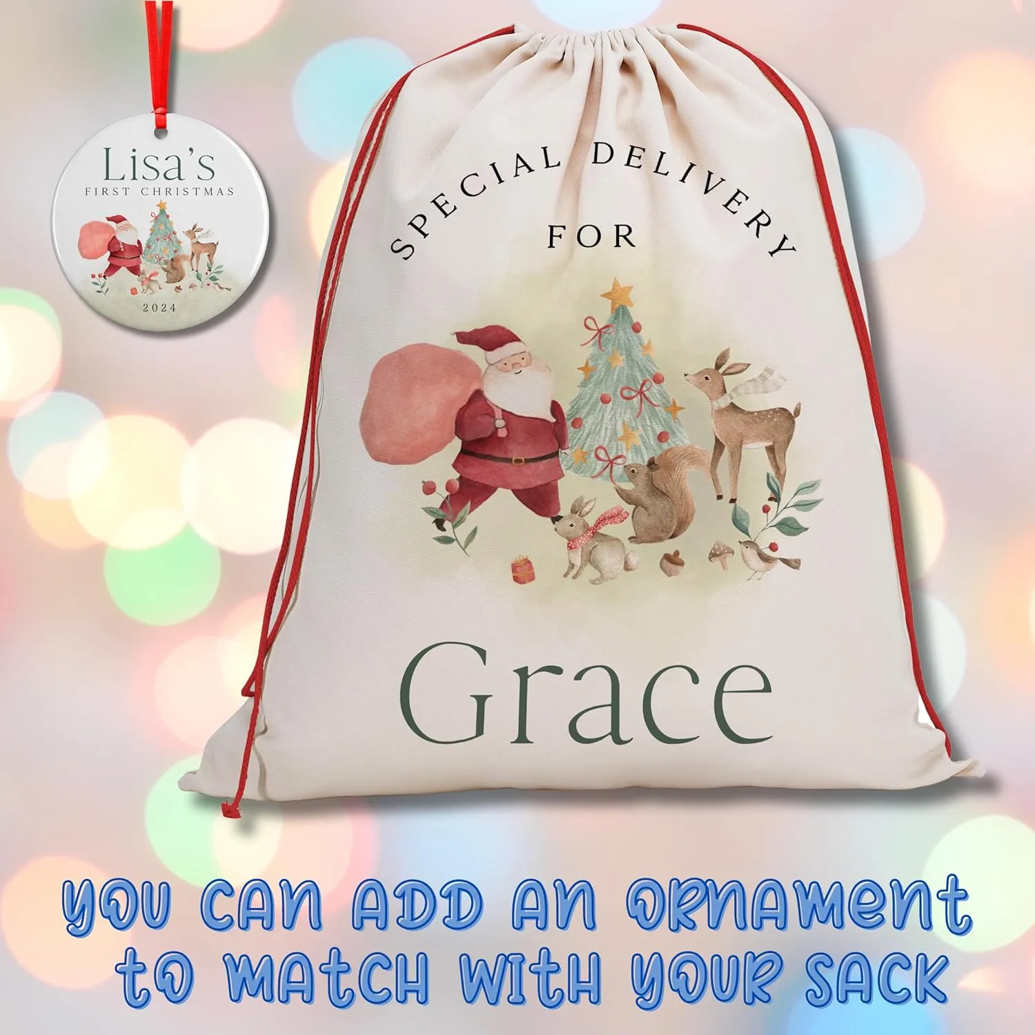 Personalized Christmas Santa Sacks with Kid Name, Custom Large Christmas Canvas Gift Bag with Matching Kid Ornament to add, Customize Family Christmas Bag for Holiday Presents, D2