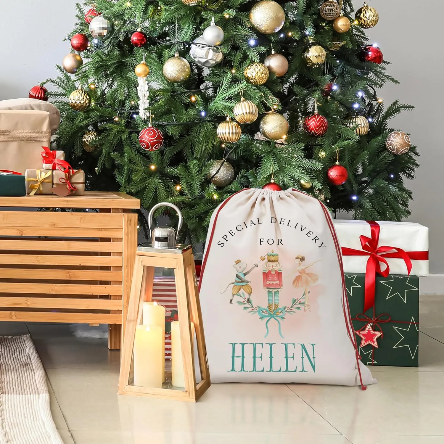Personalized Christmas Santa Sacks with Kid Name, Custom Large Christmas Canvas Gift Bag with Matching Kid Ornament to add, Customize Family Christmas Bag for Holiday Presents, D2