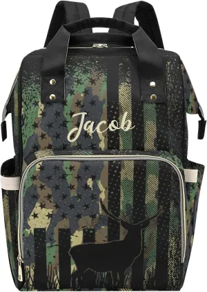 Personalized Diaper Bag Backpack - Baby Girl Diaper Bag Backpack for Dad Boy Men with Name - Camo Flag Deer Black
