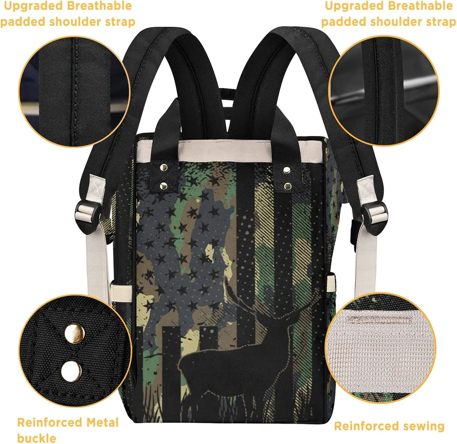Personalized Diaper Bag Backpack - Baby Girl Diaper Bag Backpack for Dad Boy Men with Name - Camo Flag Deer Black