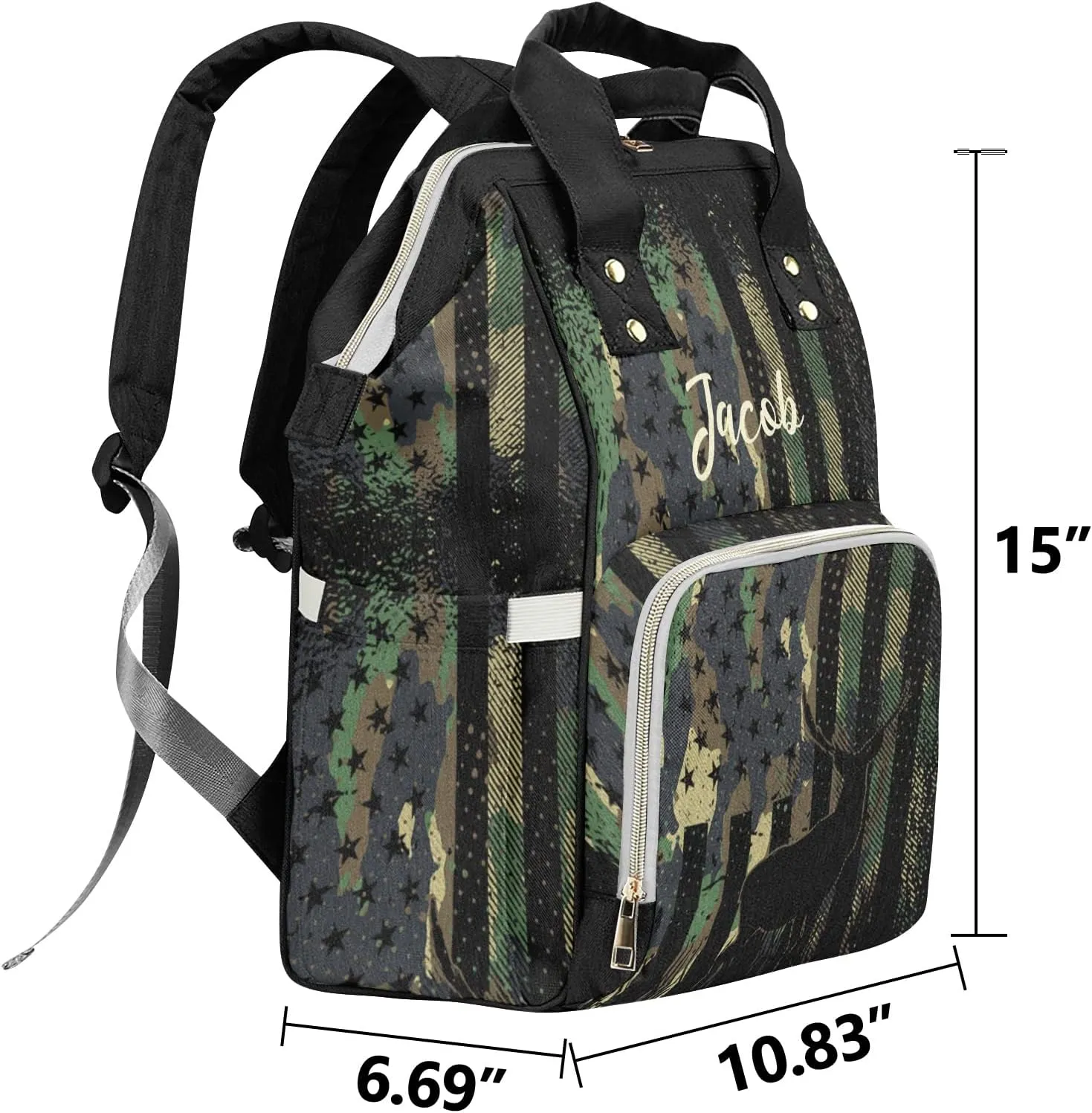 Personalized Diaper Bag Backpack - Baby Girl Diaper Bag Backpack for Dad Boy Men with Name - Camo Flag Deer Black