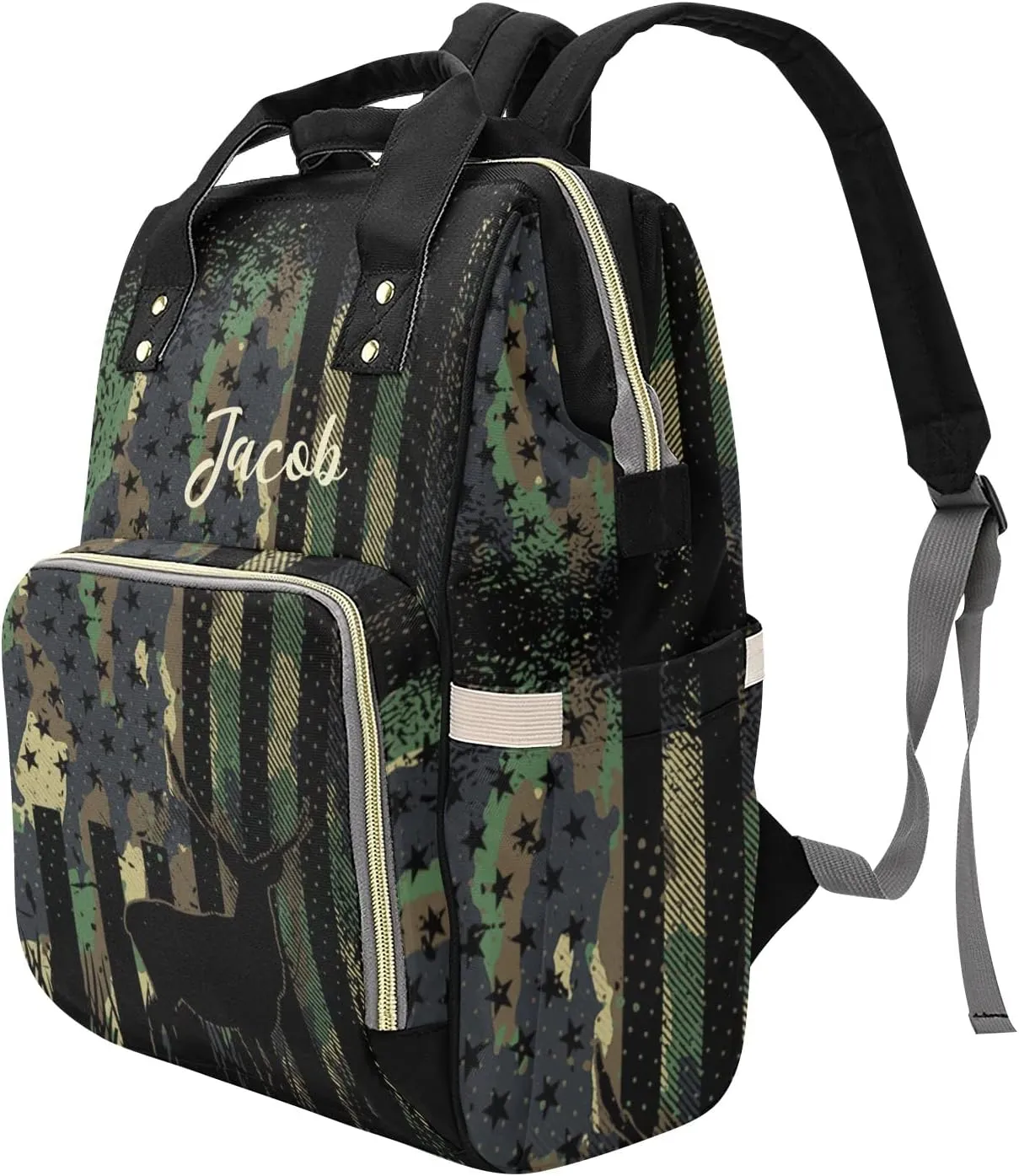 Personalized Diaper Bag Backpack - Baby Girl Diaper Bag Backpack for Dad Boy Men with Name - Camo Flag Deer Black