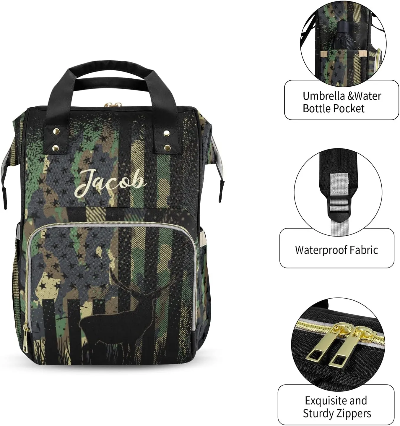 Personalized Diaper Bag Backpack - Baby Girl Diaper Bag Backpack for Dad Boy Men with Name - Camo Flag Deer Black