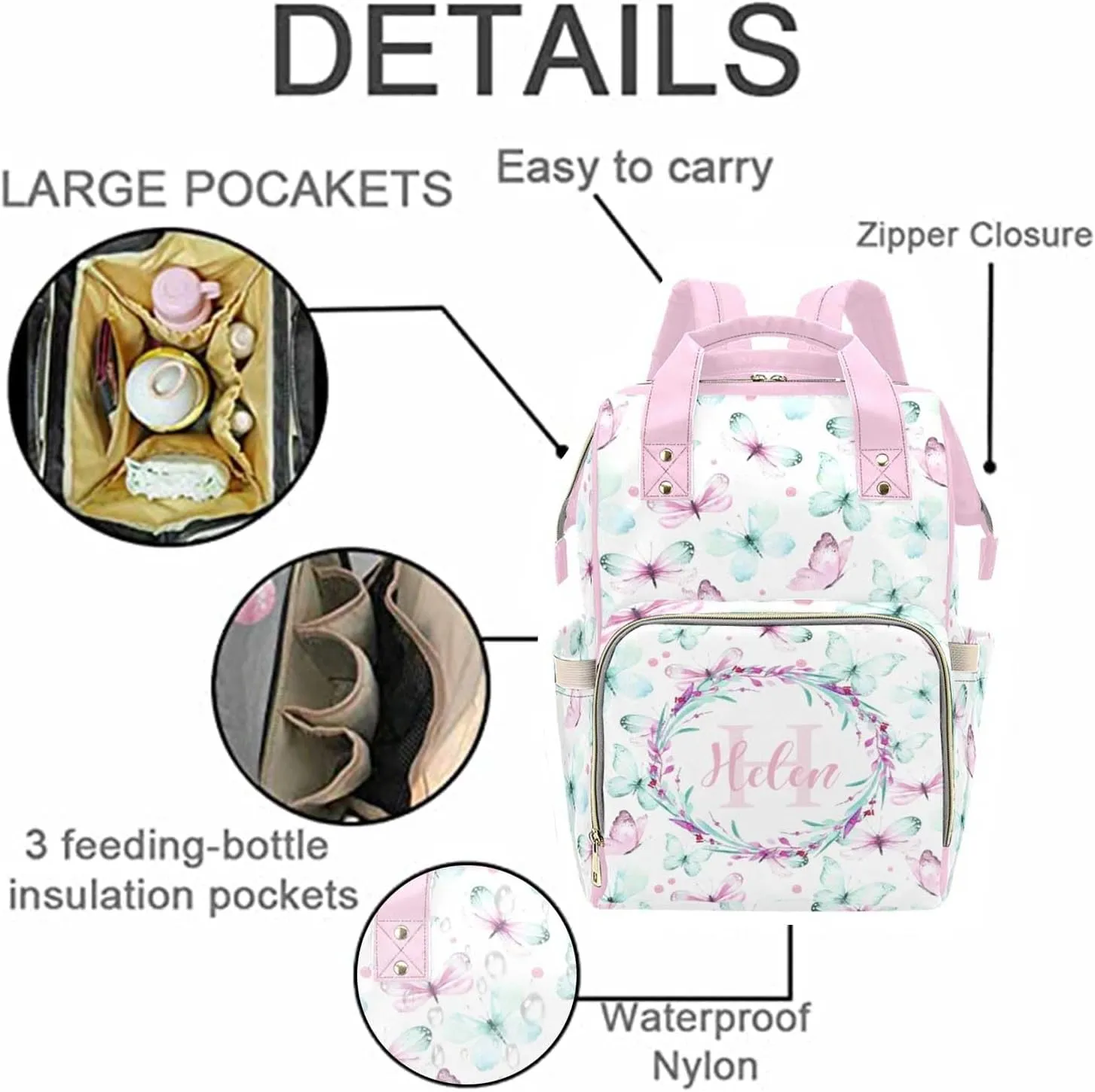 Personalized Diaper Bag Backpack for Women, Custom Name Nursing Mommy Daypack, Diaper Bag for Girls Boys, New Mom Gifts (Butterfly)