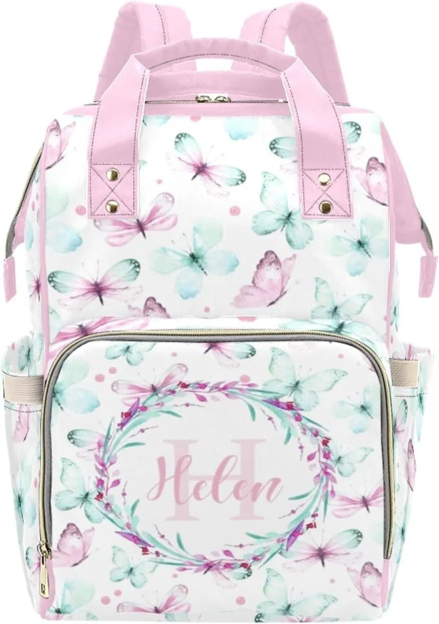 Personalized Diaper Bag Backpack for Women, Custom Name Nursing Mommy Daypack, Diaper Bag for Girls Boys, New Mom Gifts (Butterfly)