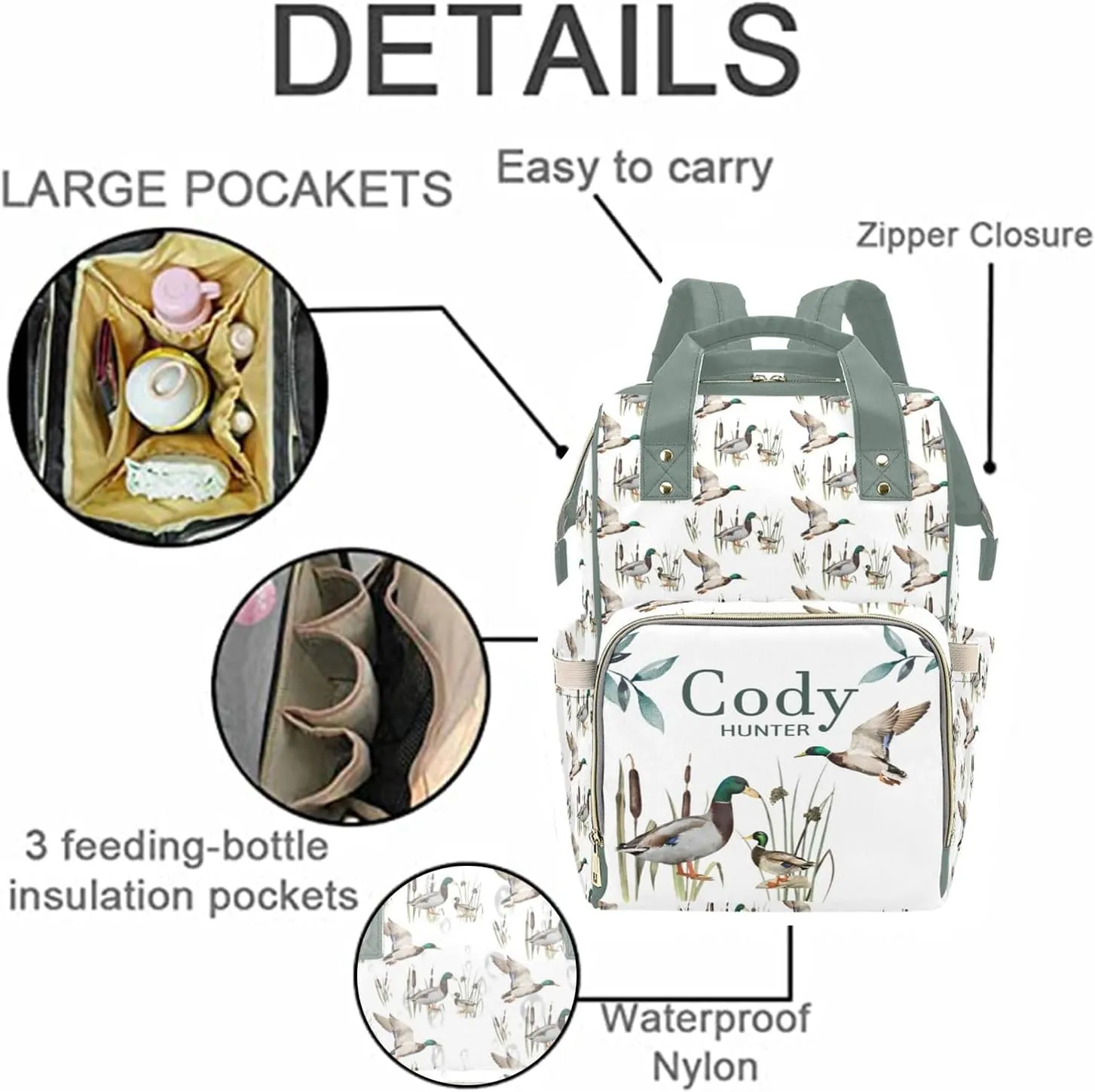 Personalized Diaper Bag Backpack for Women, Custom Name Nursing Mommy Daypack, Diaper Bag for Girls Boys, New Mom Gifts (Wild Duck)