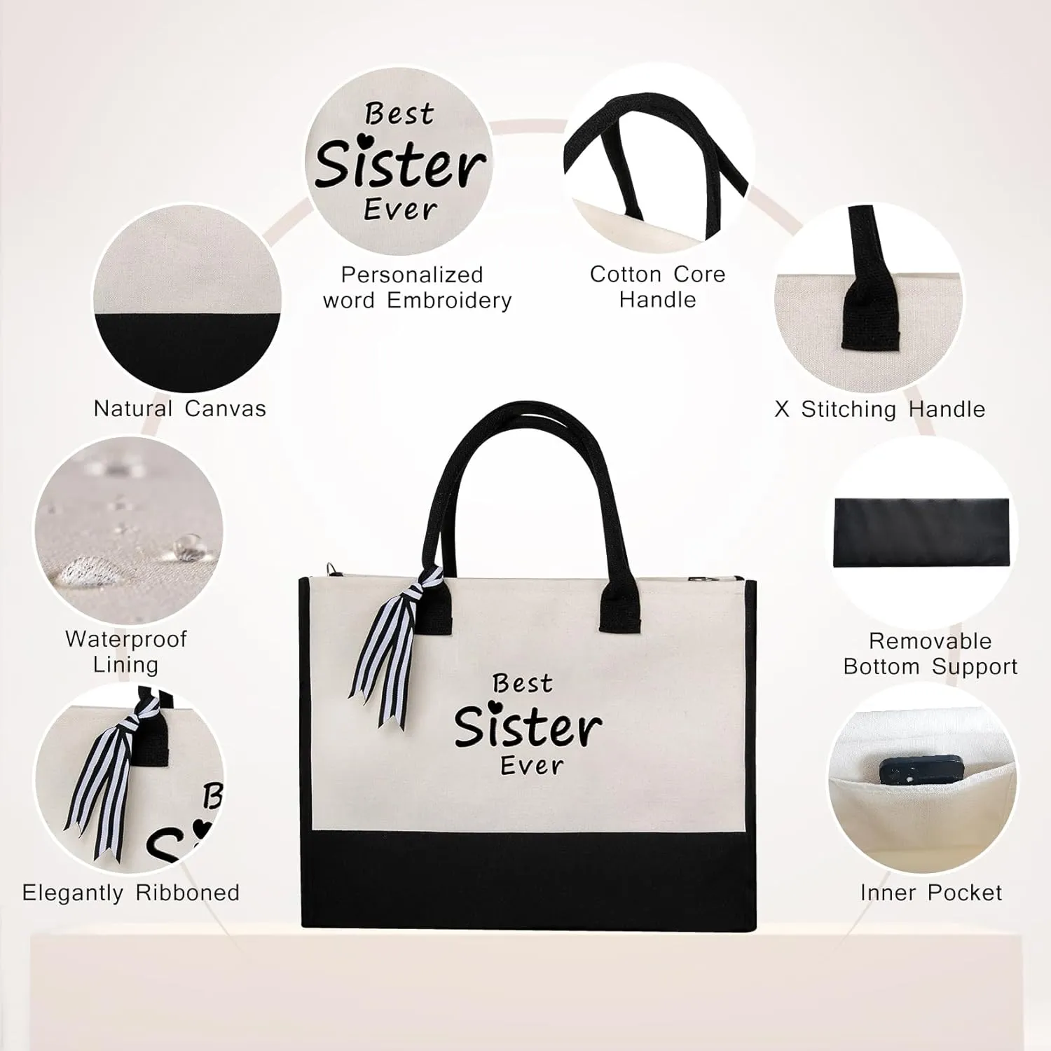 Personalized Gifts Monogram Beach Tote Bag with Zipper for Women, Birthday Gifts for Women