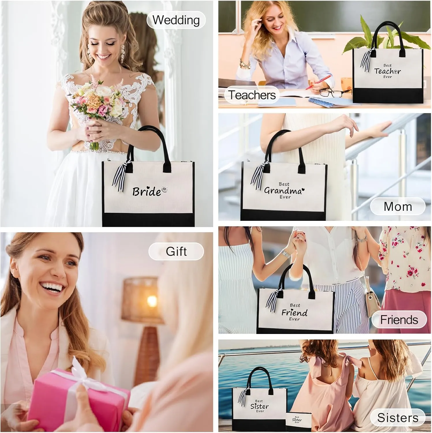 Personalized Gifts Monogram Beach Tote Bag with Zipper for Women, Birthday Gifts for Women