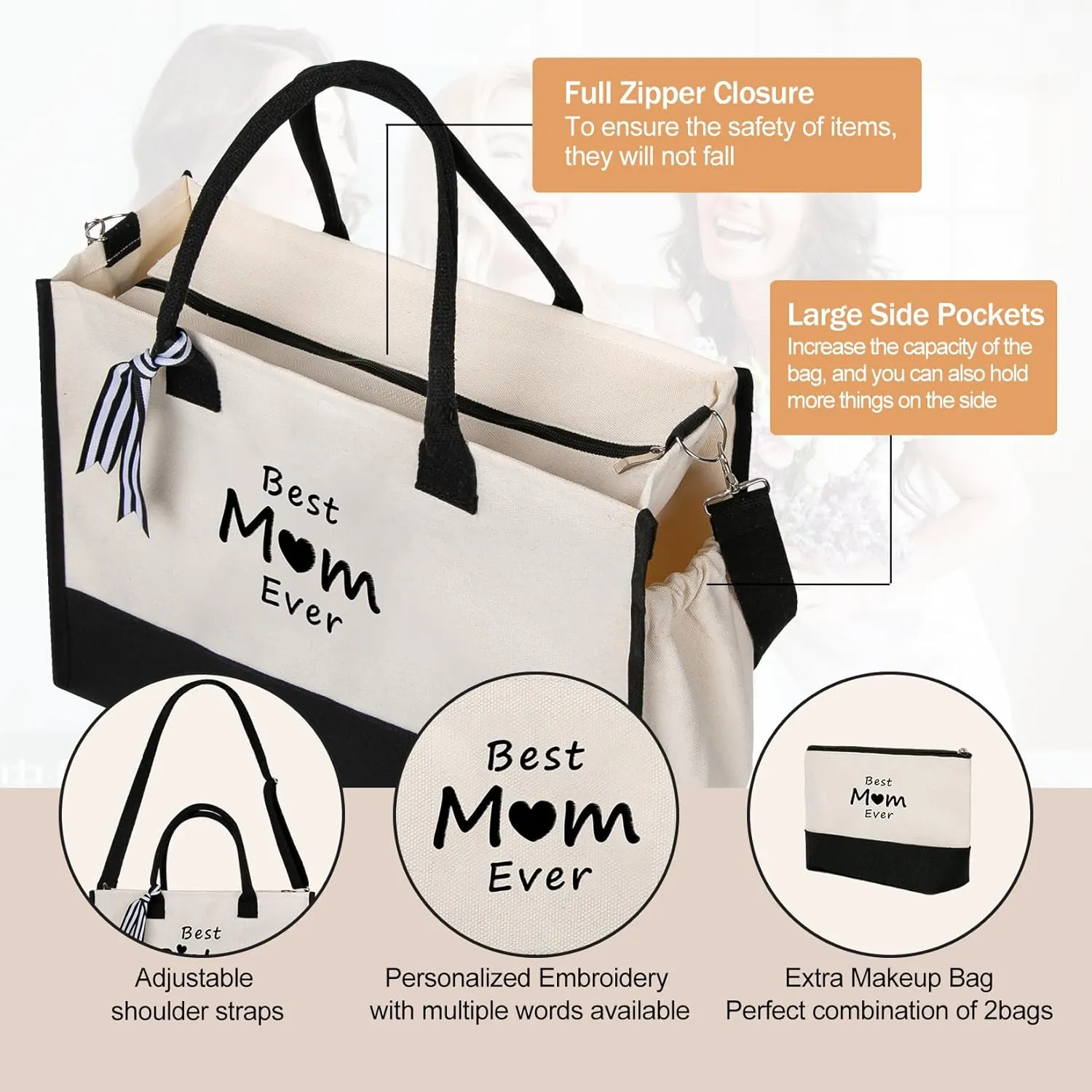 Personalized Gifts Monogram Beach Tote Bag with Zipper for Women, Birthday Gifts for Women